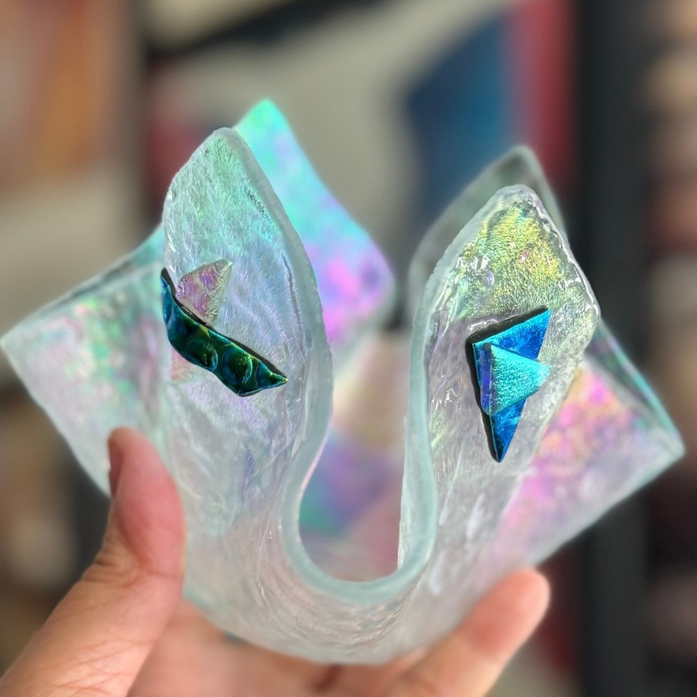 Iridescent Art Glass Handmade Bowl Votive Modern Abstract Fused Dichroic Accents
